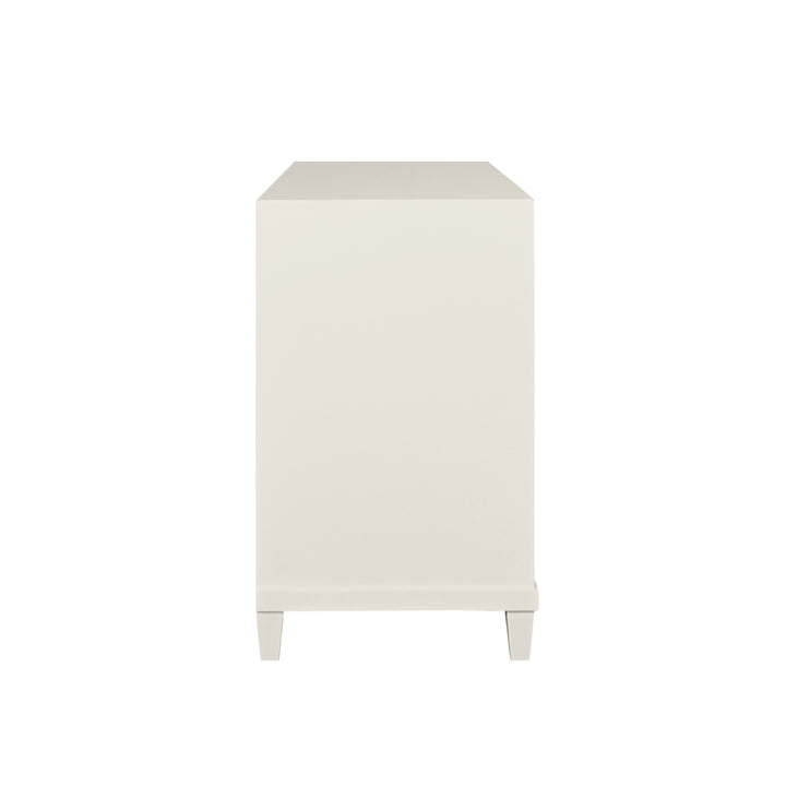 Two Drawer, Open Shelf Side Table With Fluted Drawer Fronts In Matte Antique White Lacquer - CORINE AW