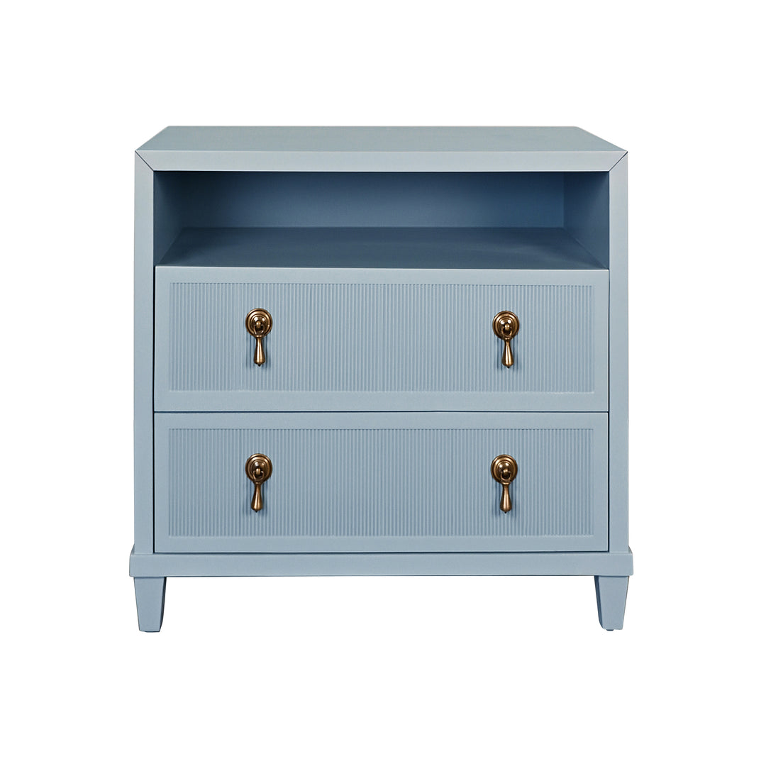 Two Drawer, Open Shelf Side Table With Fluted Drawer Fronts In Matte Light Blue Lacquer - CORINE LB