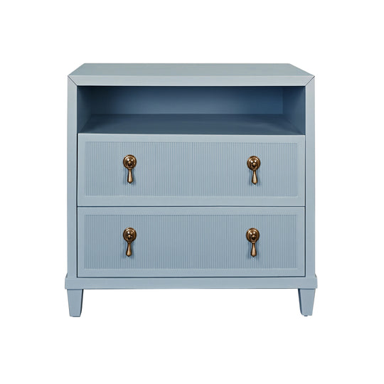 Two Drawer, Open Shelf Side Table With Fluted Drawer Fronts In Matte Light Blue Lacquer - CORINE LB