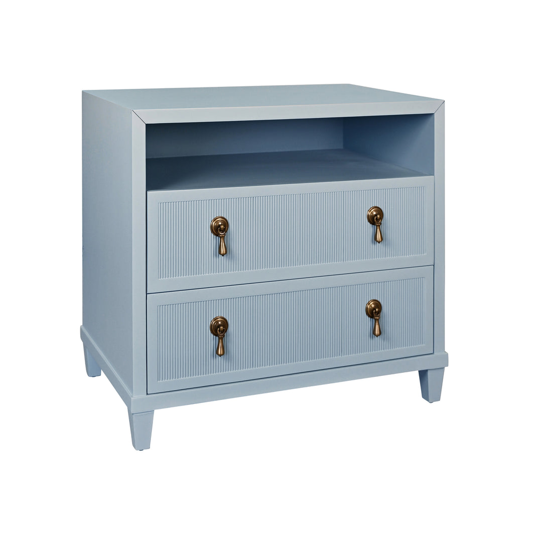 Two Drawer, Open Shelf Side Table With Fluted Drawer Fronts In Matte Light Blue Lacquer - CORINE LB