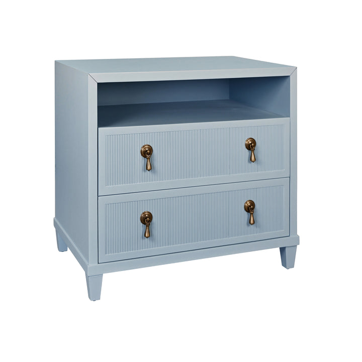 Two Drawer, Open Shelf Side Table With Fluted Drawer Fronts In Matte Light Blue Lacquer - CORINE LB