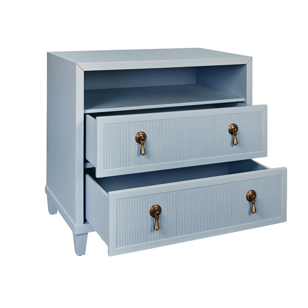 Two Drawer, Open Shelf Side Table With Fluted Drawer Fronts In Matte Light Blue Lacquer - CORINE LB