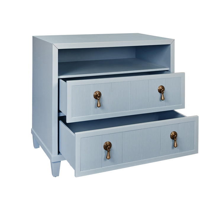 Two Drawer, Open Shelf Side Table With Fluted Drawer Fronts In Matte Light Blue Lacquer - CORINE LB