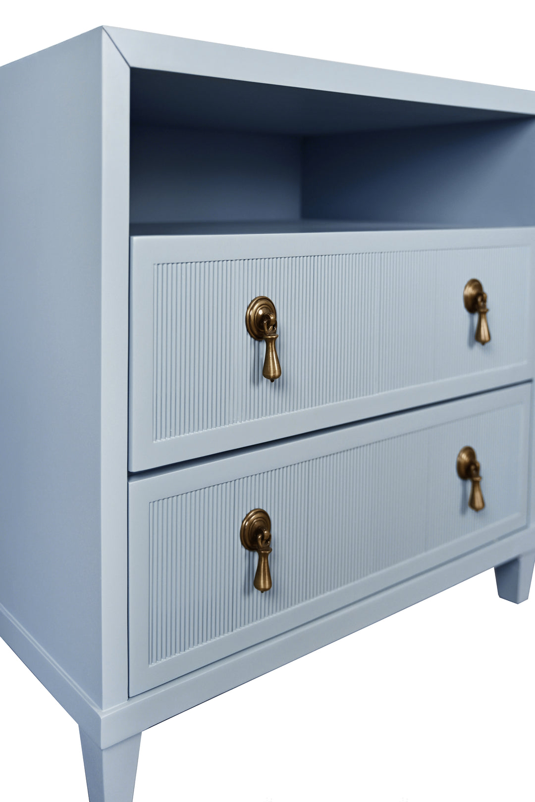 Two Drawer, Open Shelf Side Table With Fluted Drawer Fronts In Matte Light Blue Lacquer - CORINE LB