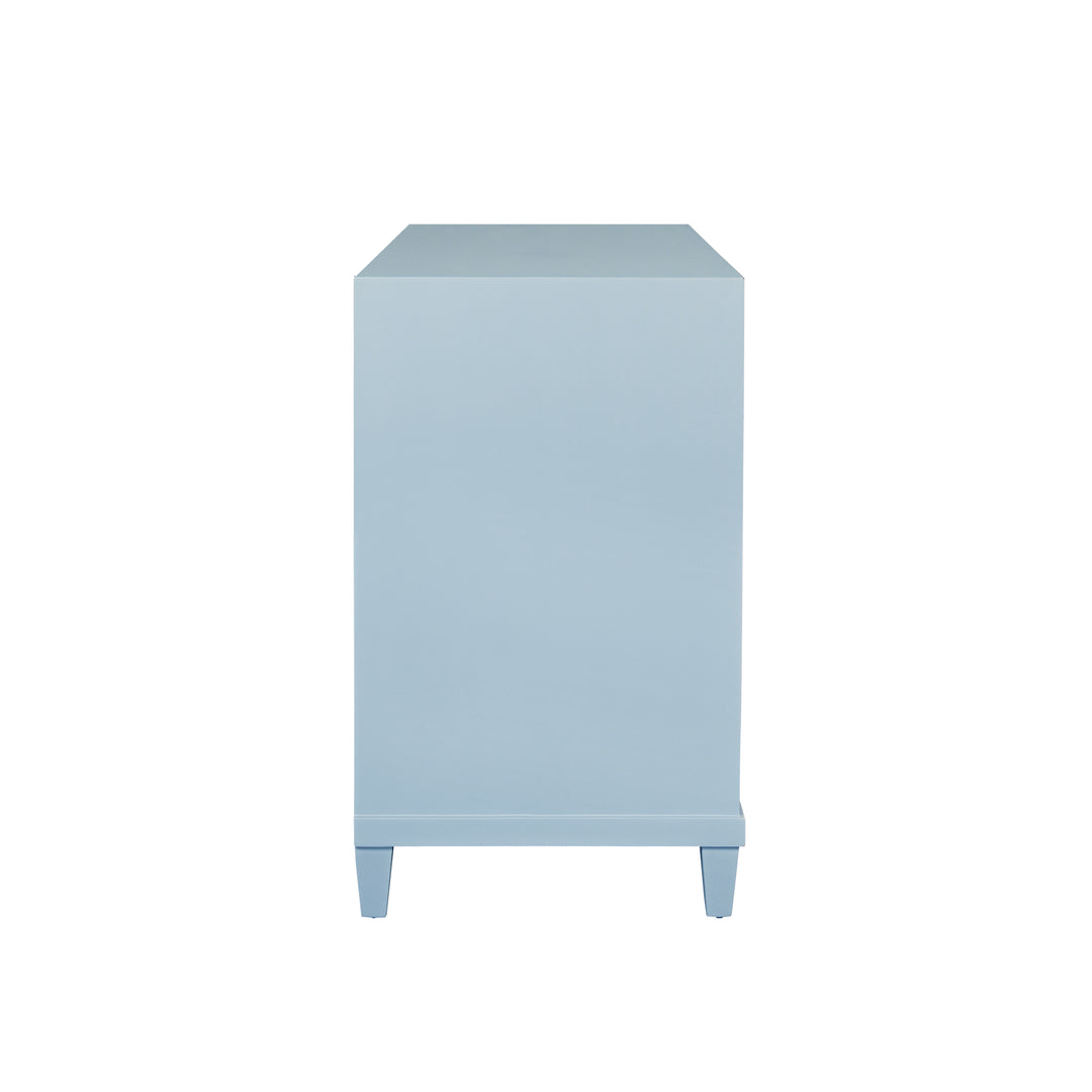 Two Drawer, Open Shelf Side Table With Fluted Drawer Fronts In Matte Light Blue Lacquer - CORINE LB