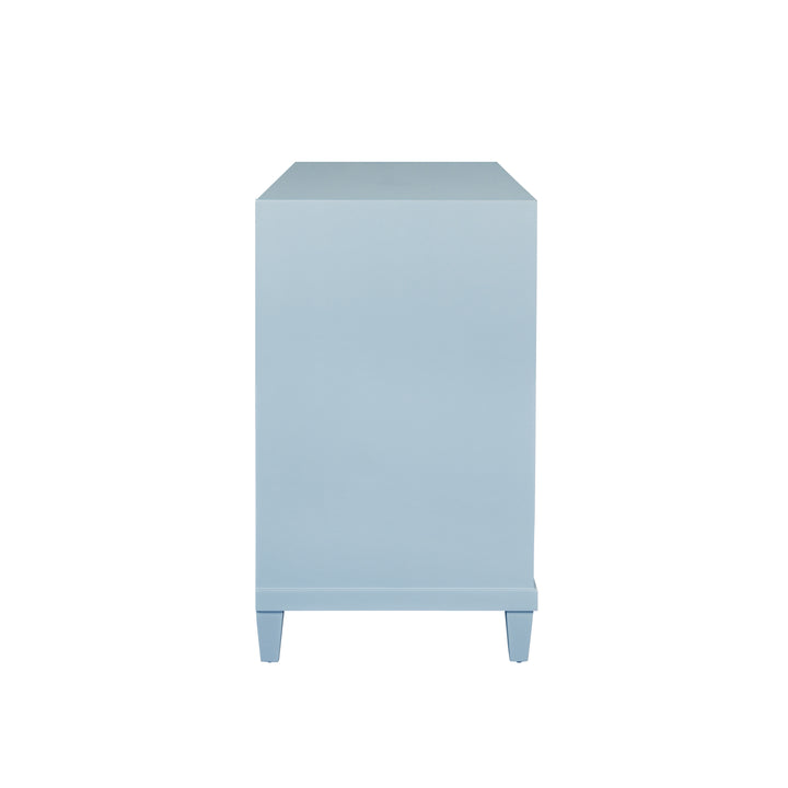 Two Drawer, Open Shelf Side Table With Fluted Drawer Fronts In Matte Light Blue Lacquer - CORINE LB