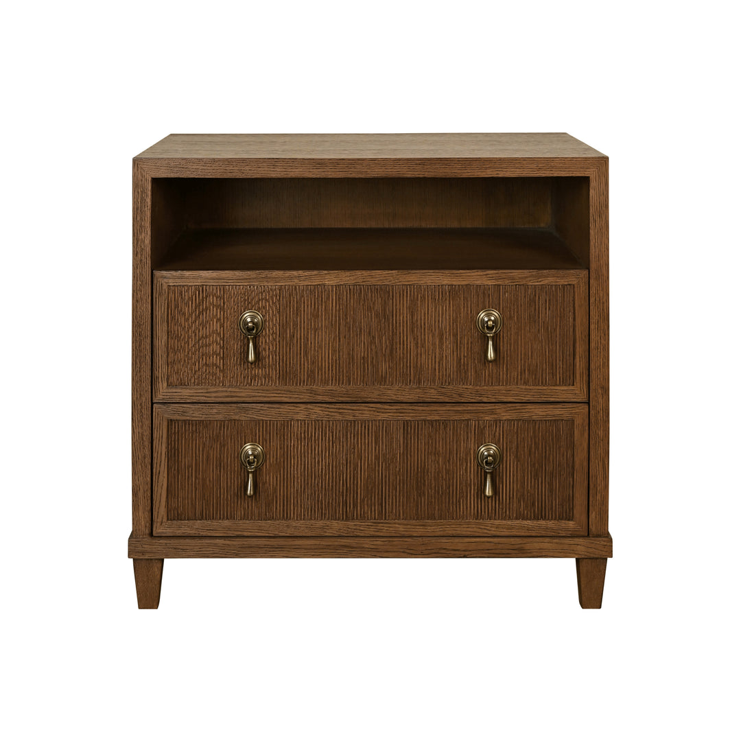 Two Drawer, Open Shelf Side Table With Fluted Drawer Fronts In Provincial Brown Oak - CORINE PBO