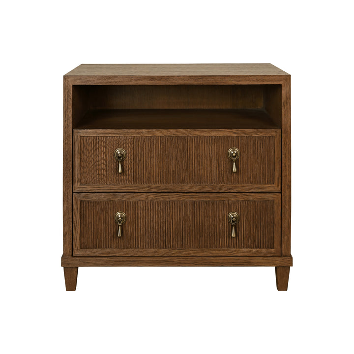 Two Drawer, Open Shelf Side Table With Fluted Drawer Fronts In Provincial Brown Oak - CORINE PBO