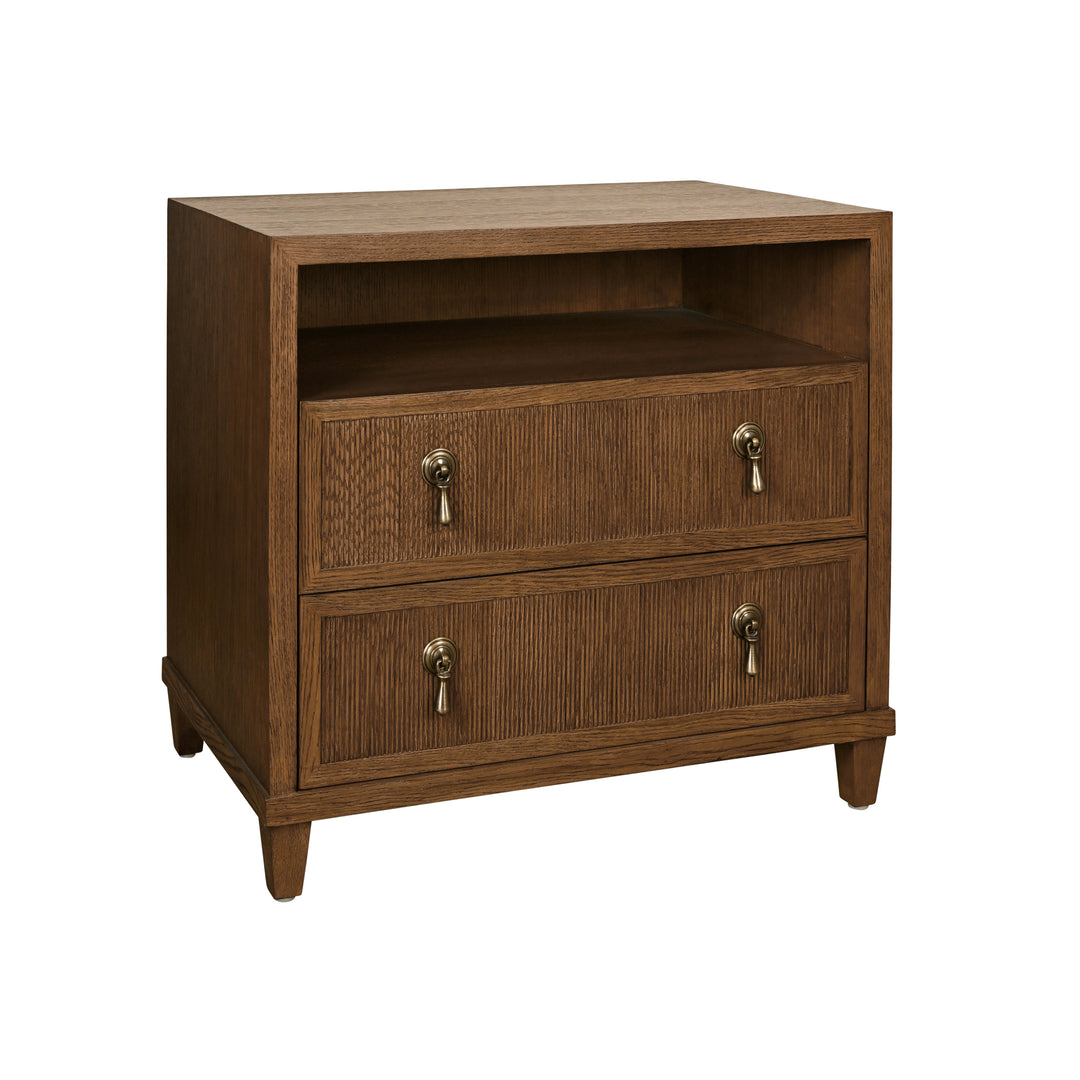 Two Drawer, Open Shelf Side Table With Fluted Drawer Fronts In Provincial Brown Oak - CORINE PBO