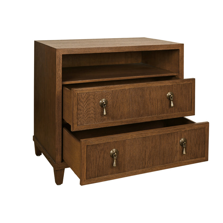 Two Drawer, Open Shelf Side Table With Fluted Drawer Fronts In Provincial Brown Oak - CORINE PBO