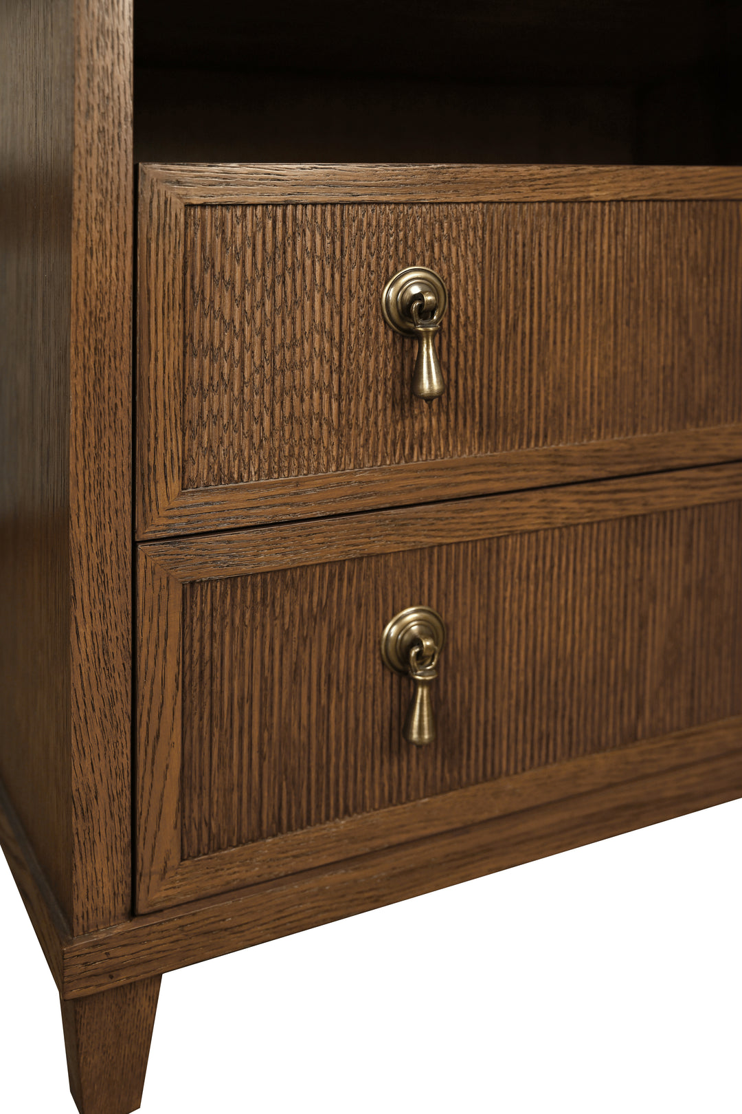 Two Drawer, Open Shelf Side Table With Fluted Drawer Fronts In Provincial Brown Oak - CORINE PBO