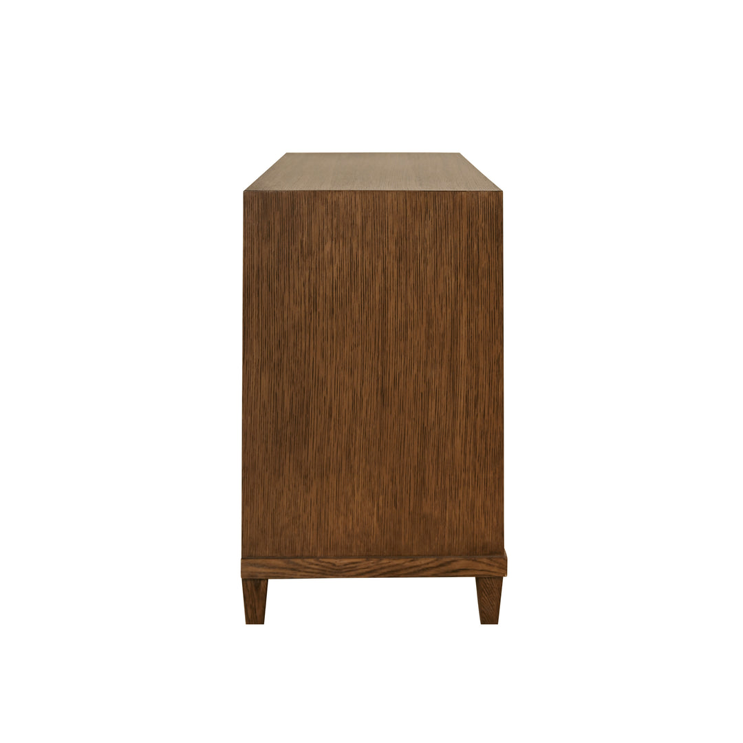Two Drawer, Open Shelf Side Table With Fluted Drawer Fronts In Provincial Brown Oak - CORINE PBO