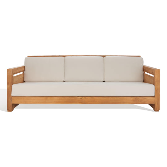 Safavieh Couture Guadeloupe Outdoor Brazilian Teak 3-Seat Sofa OUTDOOR SOFAS + SECTIONALS