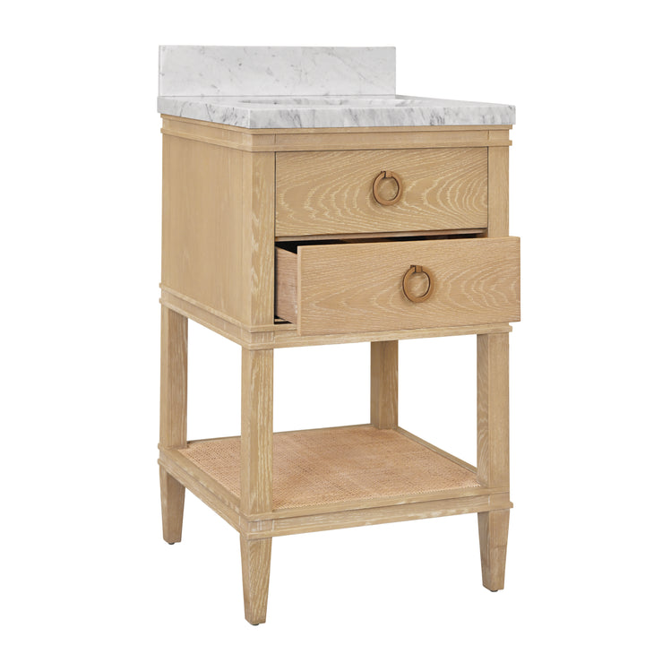 Bath Vanity In White Cerused Oak With Open Cane Shelf, White Marble Top, Porcelain Sink, And Antique Brass Ring Hardware - CUTLER 24 CO