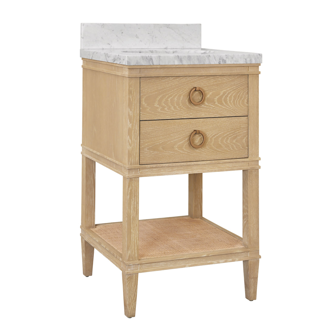 Bath Vanity In White Cerused Oak With Open Cane Shelf, White Marble Top, Porcelain Sink, And Antique Brass Ring Hardware - CUTLER 24 CO