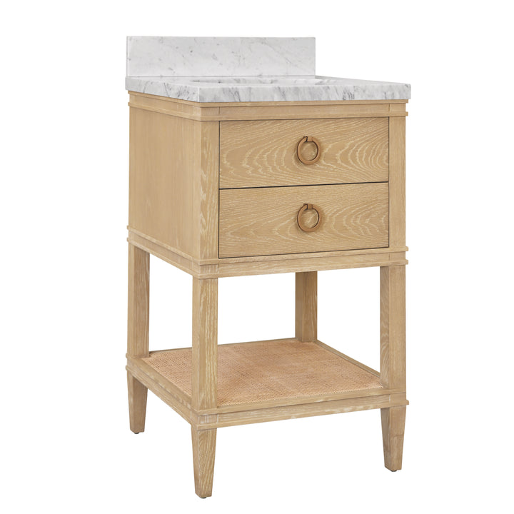 Bath Vanity In White Cerused Oak With Open Cane Shelf, White Marble Top, Porcelain Sink, And Antique Brass Ring Hardware - CUTLER 24 CO