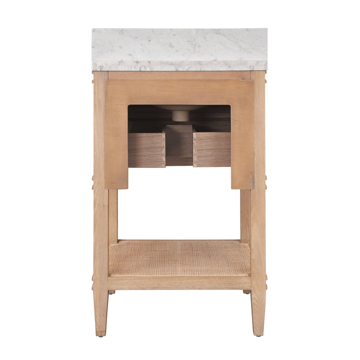 Bath Vanity In White Cerused Oak With Open Cane Shelf, White Marble Top, Porcelain Sink, And Antique Brass Ring Hardware - CUTLER 24 CO