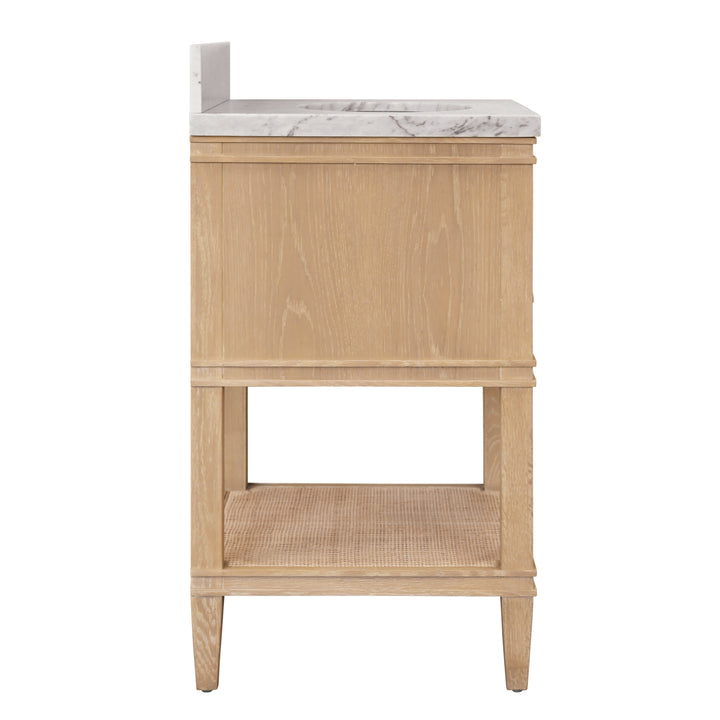 Bath Vanity In White Cerused Oak With Open Cane Shelf, White Marble Top, Porcelain Sink, And Antique Brass Ring Hardware - CUTLER 24 CO