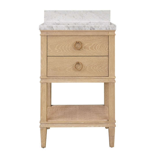 Bath Vanity In White Cerused Oak With Open Cane Shelf, White Marble Top, Porcelain Sink, And Antique Brass Ring Hardware - CUTLER 24 CO