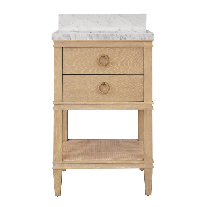 Bath Vanity In White Cerused Oak With Open Cane Shelf, White Marble Top, Porcelain Sink, And Antique Brass Ring Hardware - CUTLER 24 CO