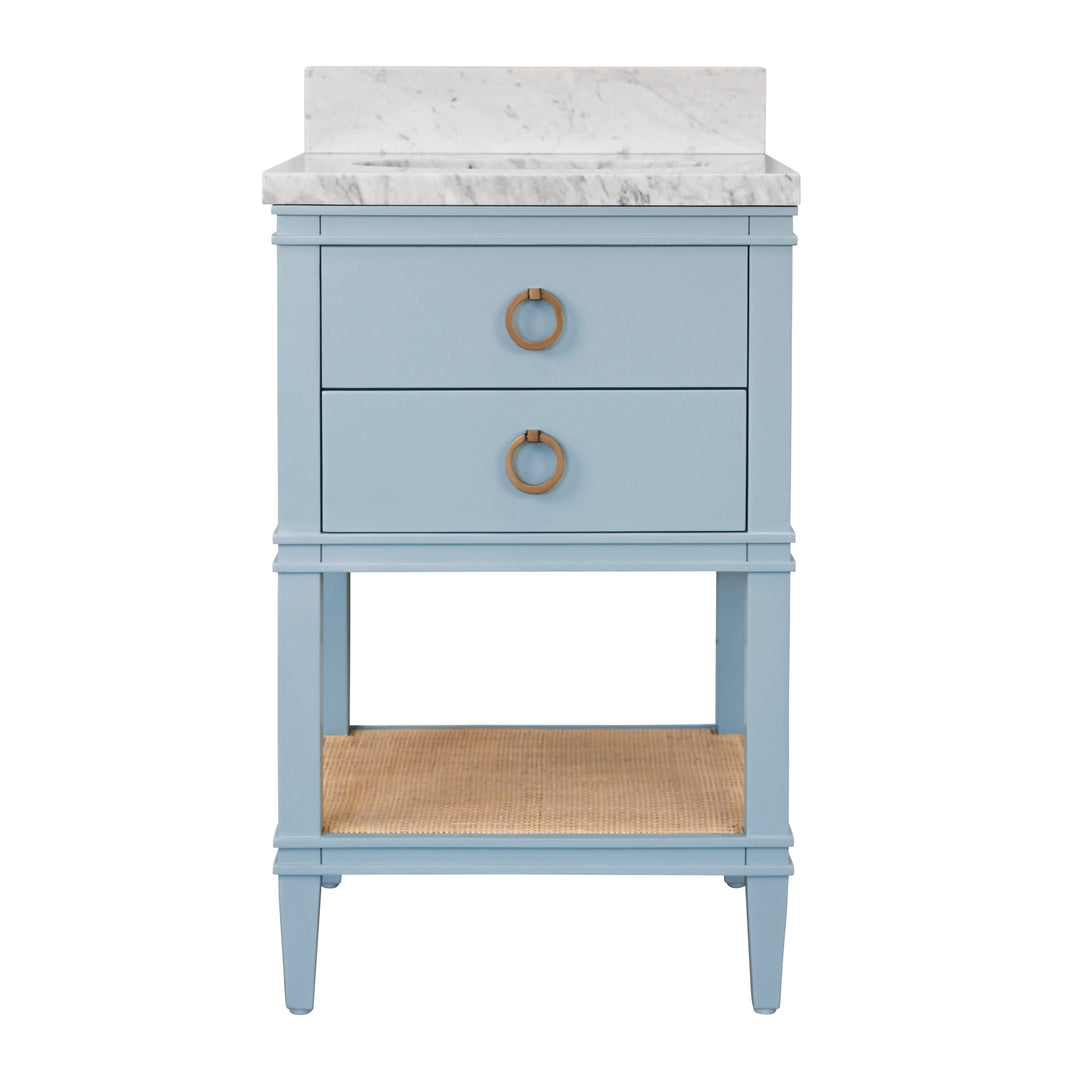 Bath Vanity In Matte Light Blue Lacquer With Open Cane Shelf, White Marble Top, Porcelain Sink, And Antique Brass Ring Hardware - CUTLER 24 LB
