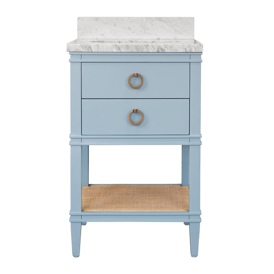 Bath Vanity In Matte Light Blue Lacquer With Open Cane Shelf, White Marble Top, Porcelain Sink, And Antique Brass Ring Hardware - CUTLER 24 LB
