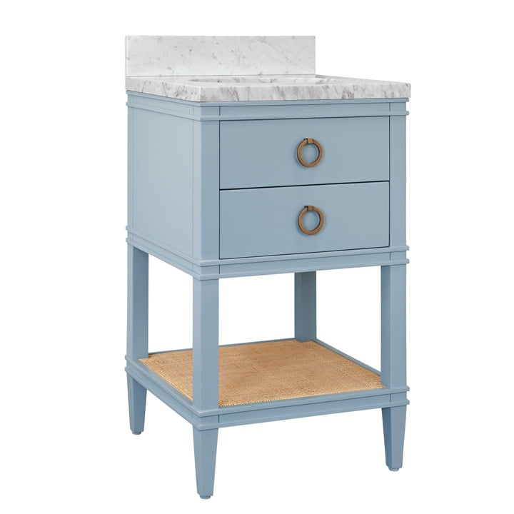 Bath Vanity In Matte Light Blue Lacquer With Open Cane Shelf, White Marble Top, Porcelain Sink, And Antique Brass Ring Hardware - CUTLER 24 LB