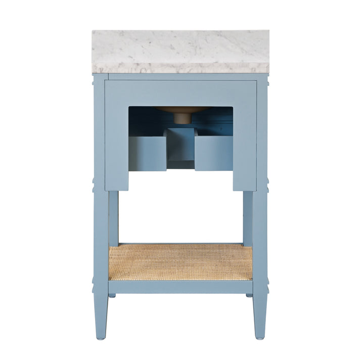 Bath Vanity In Matte Light Blue Lacquer With Open Cane Shelf, White Marble Top, Porcelain Sink, And Antique Brass Ring Hardware - CUTLER 24 LB
