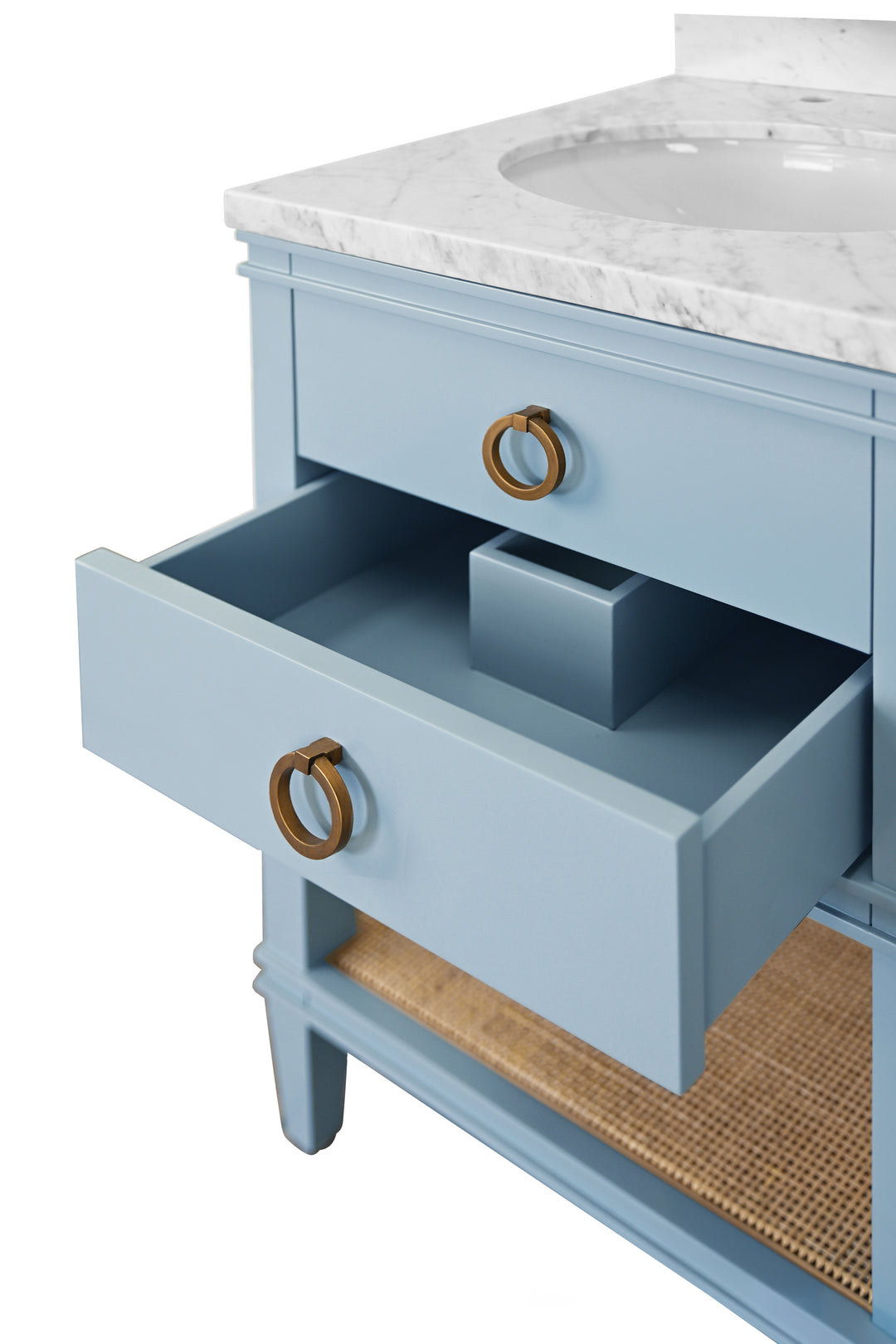 Bath Vanity In Matte Light Blue Lacquer With Open Cane Shelf, White Marble Top, Porcelain Sink, And Antique Brass Ring Hardware - CUTLER 24 LB
