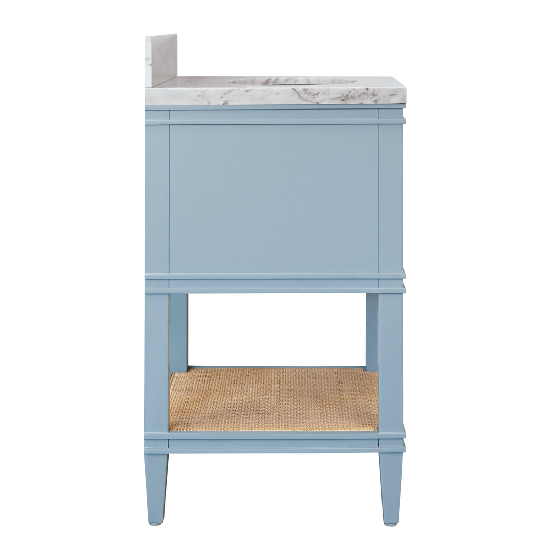 Bath Vanity In Matte Light Blue Lacquer With Open Cane Shelf, White Marble Top, Porcelain Sink, And Antique Brass Ring Hardware - CUTLER 24 LB