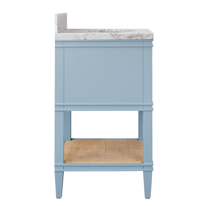 Bath Vanity In Matte Light Blue Lacquer With Open Cane Shelf, White Marble Top, Porcelain Sink, And Antique Brass Ring Hardware - CUTLER 24 LB