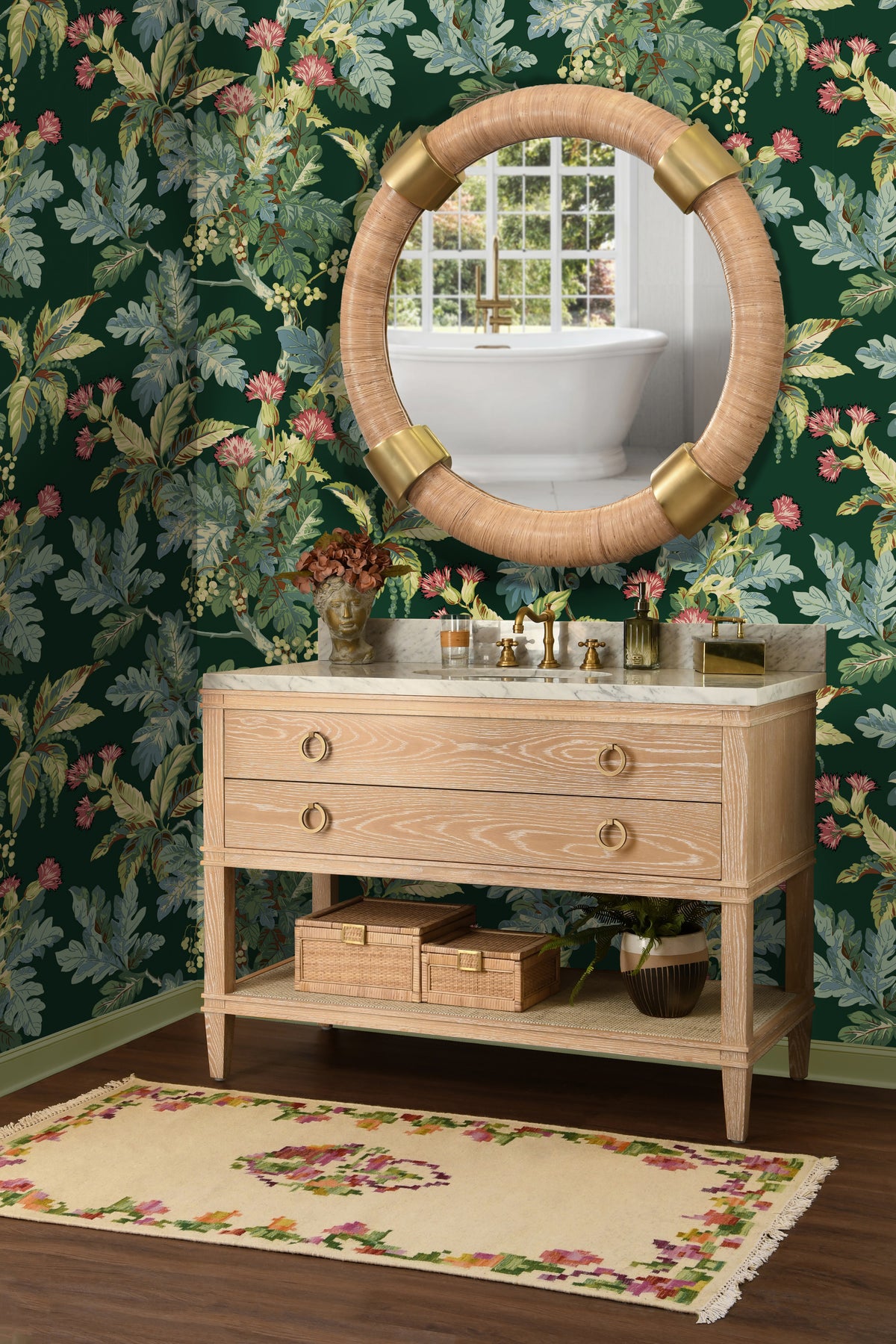 Bath Vanity In Cerused Oak With Open Cane Shelf, White Marble Top, Porcelain Sink, And Antique Brass Ring Hardware, 48" Wide - CUTLER 48 CO