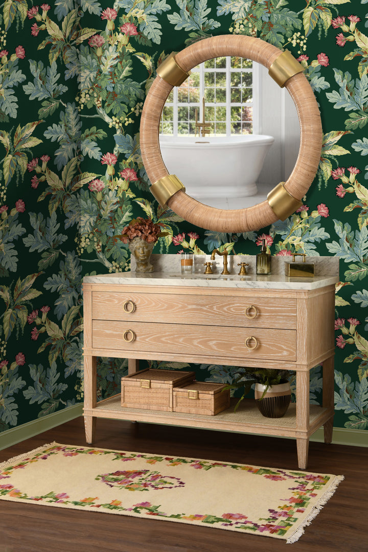 Bath Vanity In Cerused Oak With Open Cane Shelf, White Marble Top, Porcelain Sink, And Antique Brass Ring Hardware, 48" Wide - CUTLER 48 CO