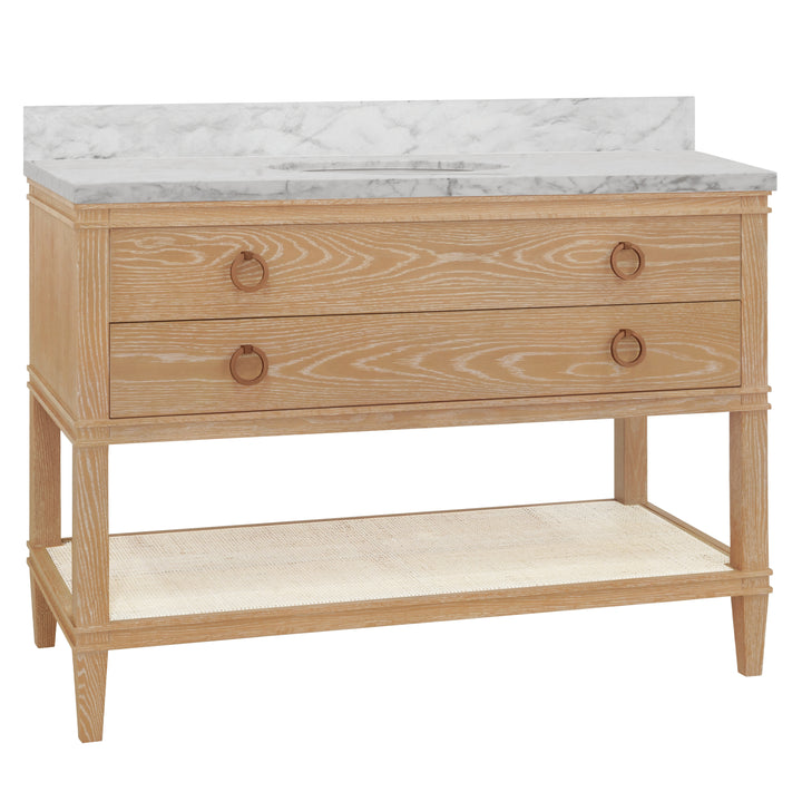 Bath Vanity In Cerused Oak With Open Cane Shelf, White Marble Top, Porcelain Sink, And Antique Brass Ring Hardware, 48" Wide - CUTLER 48 CO