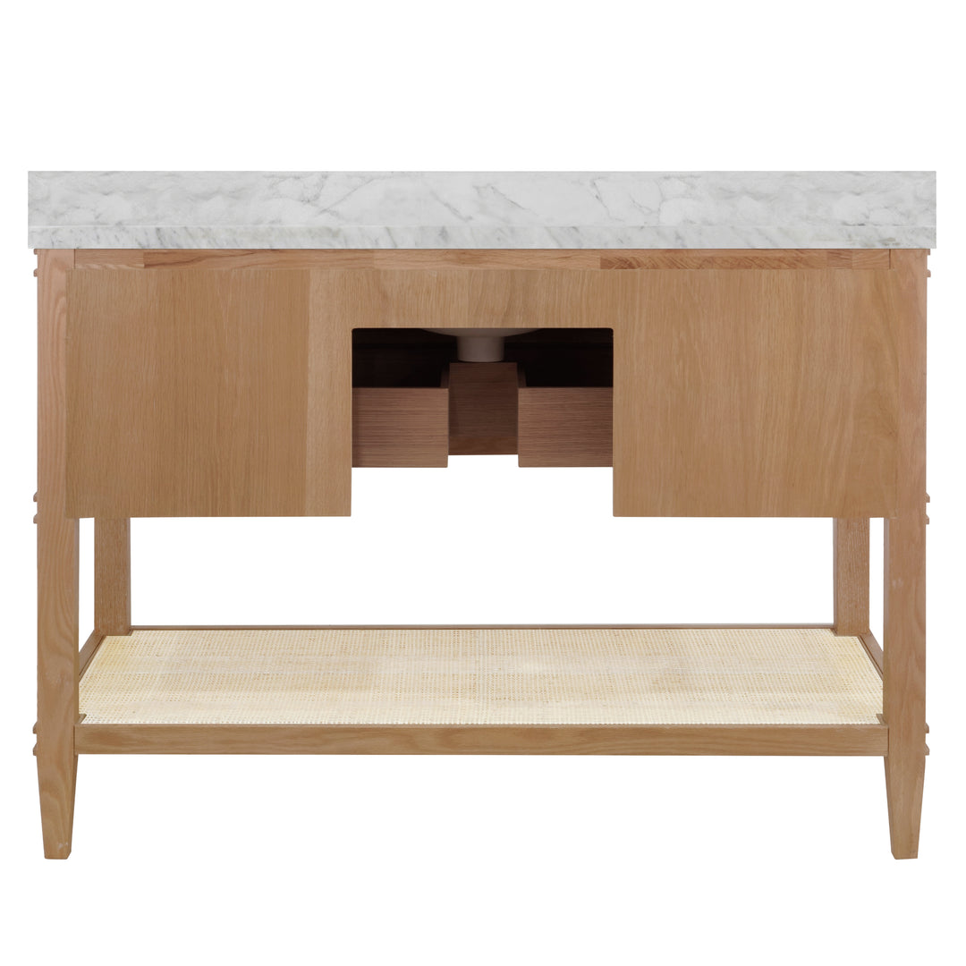 Bath Vanity In Cerused Oak With Open Cane Shelf, White Marble Top, Porcelain Sink, And Antique Brass Ring Hardware, 48" Wide - CUTLER 48 CO