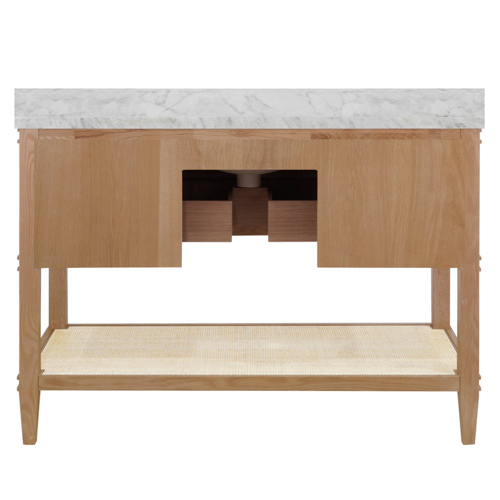 Bath Vanity In Cerused Oak With Open Cane Shelf, White Marble Top, Porcelain Sink, And Antique Brass Ring Hardware, 48" Wide - CUTLER 48 CO