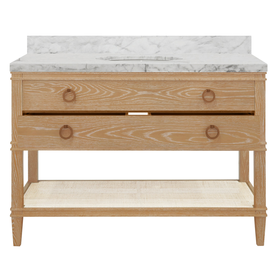 Bath Vanity In Cerused Oak With Open Cane Shelf, White Marble Top, Porcelain Sink, And Antique Brass Ring Hardware, 48" Wide - CUTLER 48 CO