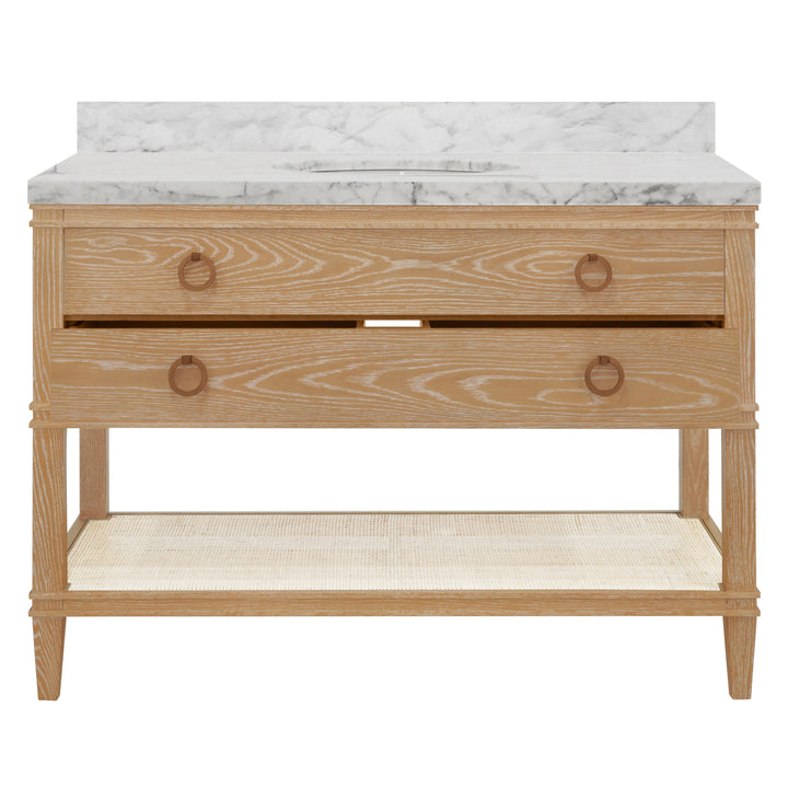Bath Vanity In Cerused Oak With Open Cane Shelf, White Marble Top, Porcelain Sink, And Antique Brass Ring Hardware, 48" Wide - CUTLER 48 CO
