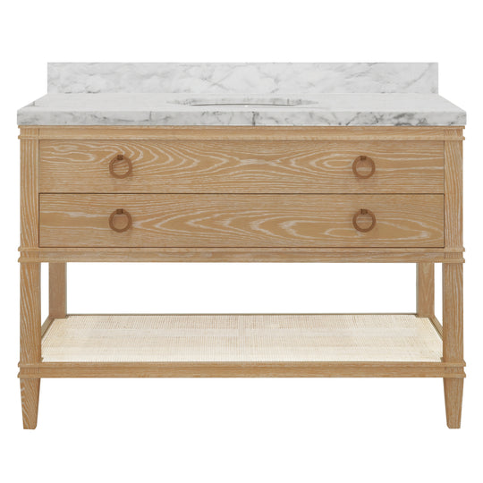 Bath Vanity In Cerused Oak With Open Cane Shelf, White Marble Top, Porcelain Sink, And Antique Brass Ring Hardware, 48" Wide - CUTLER 48 CO