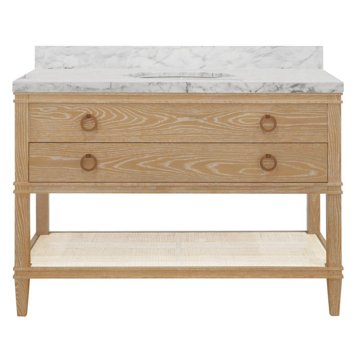 Bath Vanity In Cerused Oak With Open Cane Shelf, White Marble Top, Porcelain Sink, And Antique Brass Ring Hardware, 48" Wide - CUTLER 48 CO