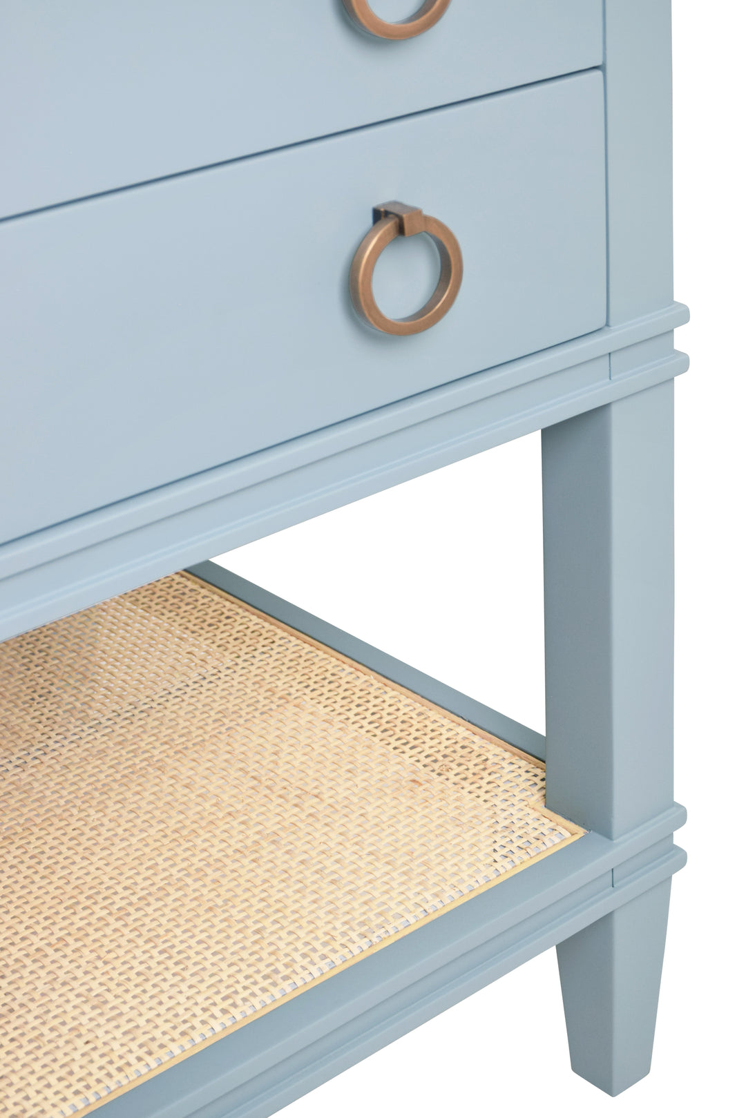 Bath Vanity In Matte Light Blue Lacquer With Open Cane Shelf, White Marble Top, Porcelain Sink, And Antique Brass Ring Hardware, 48" Wide - CUTLER 48 LB
