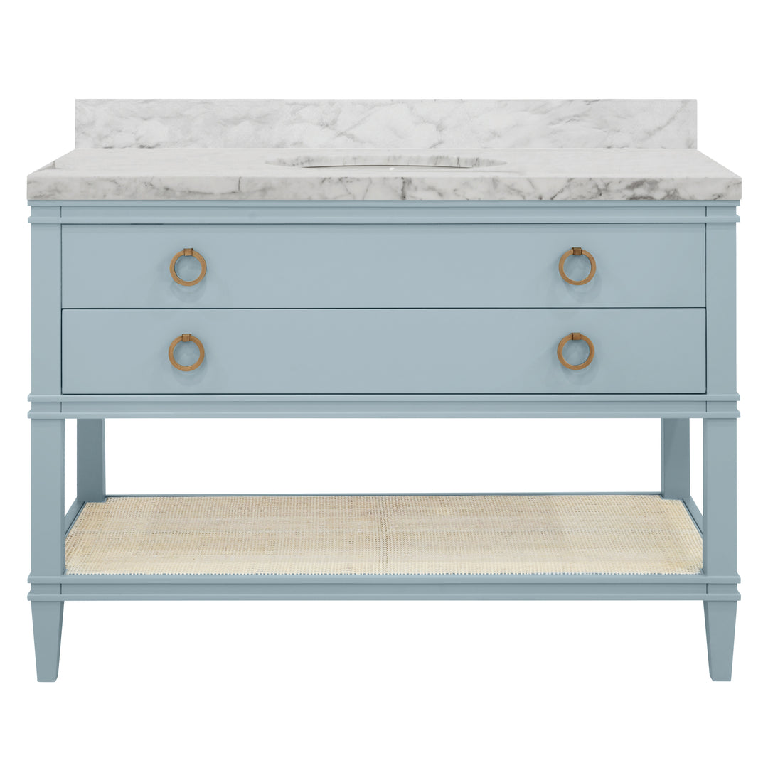 Bath Vanity In Matte Light Blue Lacquer With Open Cane Shelf, White Marble Top, Porcelain Sink, And Antique Brass Ring Hardware, 48" Wide - CUTLER 48 LB