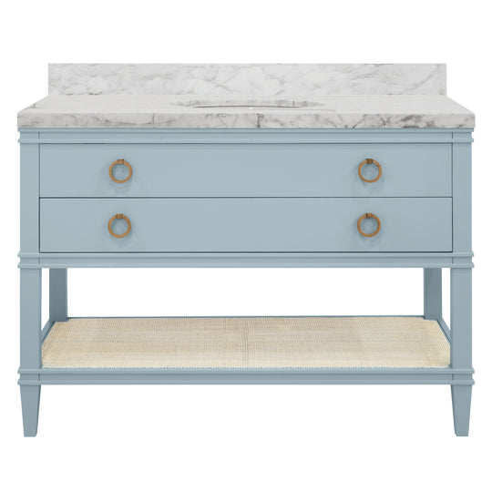 Bath Vanity In Matte Light Blue Lacquer With Open Cane Shelf, White Marble Top, Porcelain Sink, And Antique Brass Ring Hardware, 48" Wide - CUTLER 48 LB