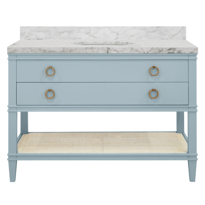 Bath Vanity In Matte Light Blue Lacquer With Open Cane Shelf, White Marble Top, Porcelain Sink, And Antique Brass Ring Hardware, 48" Wide - CUTLER 48 LB