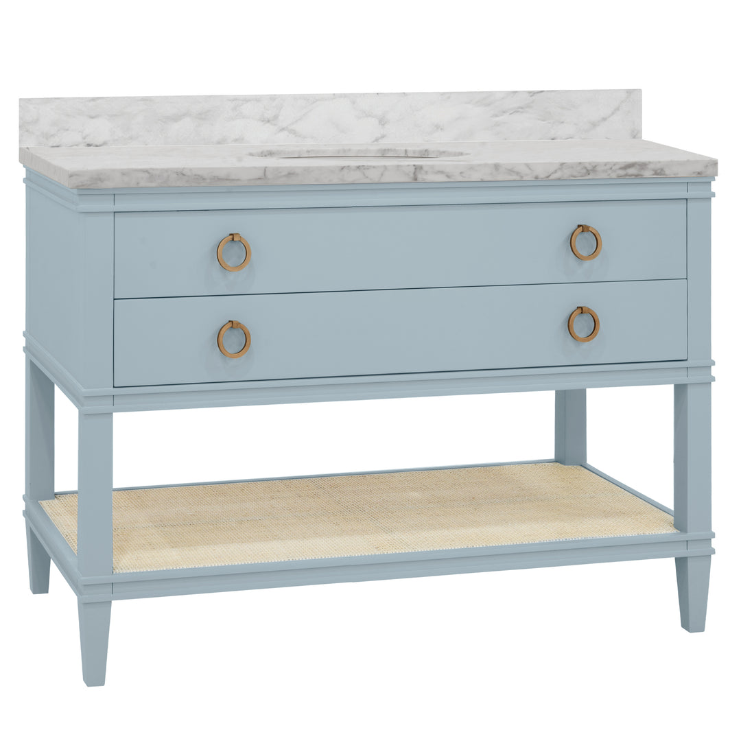 Bath Vanity In Matte Light Blue Lacquer With Open Cane Shelf, White Marble Top, Porcelain Sink, And Antique Brass Ring Hardware, 48" Wide - CUTLER 48 LB