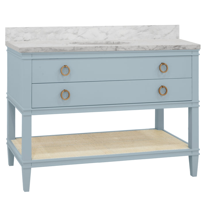 Bath Vanity In Matte Light Blue Lacquer With Open Cane Shelf, White Marble Top, Porcelain Sink, And Antique Brass Ring Hardware, 48" Wide - CUTLER 48 LB