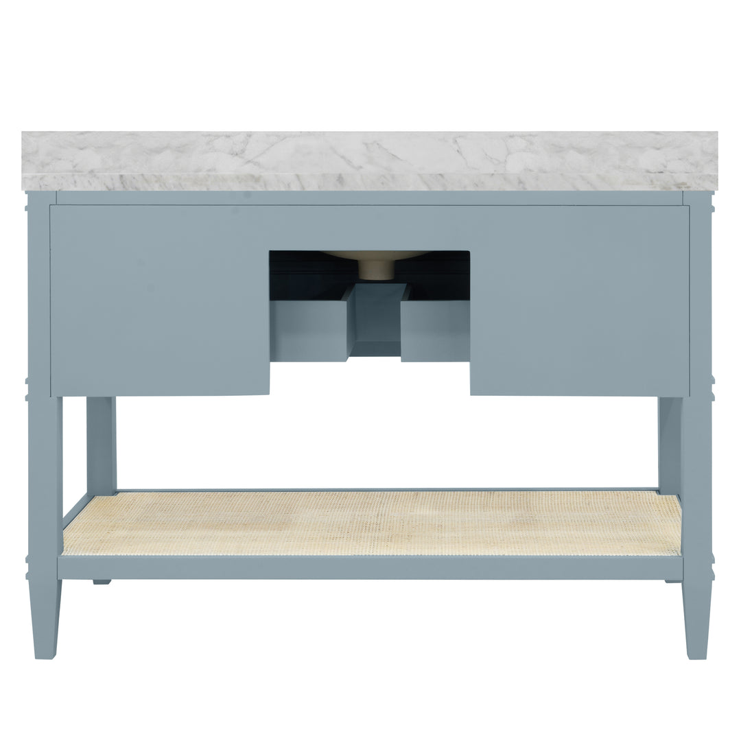 Bath Vanity In Matte Light Blue Lacquer With Open Cane Shelf, White Marble Top, Porcelain Sink, And Antique Brass Ring Hardware, 48" Wide - CUTLER 48 LB
