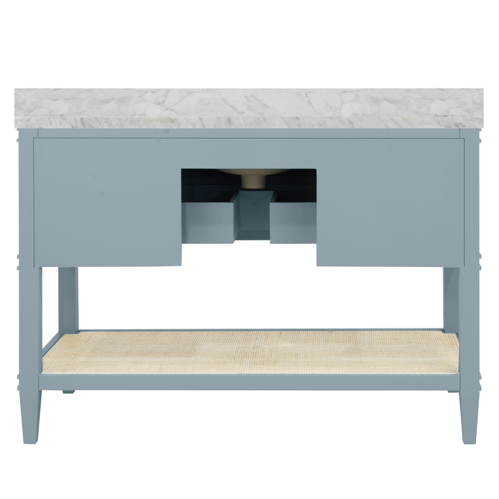 Bath Vanity In Matte Light Blue Lacquer With Open Cane Shelf, White Marble Top, Porcelain Sink, And Antique Brass Ring Hardware, 48" Wide - CUTLER 48 LB