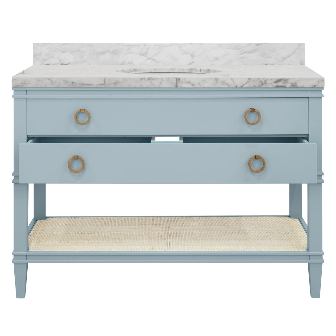 Bath Vanity In Matte Light Blue Lacquer With Open Cane Shelf, White Marble Top, Porcelain Sink, And Antique Brass Ring Hardware, 48" Wide - CUTLER 48 LB