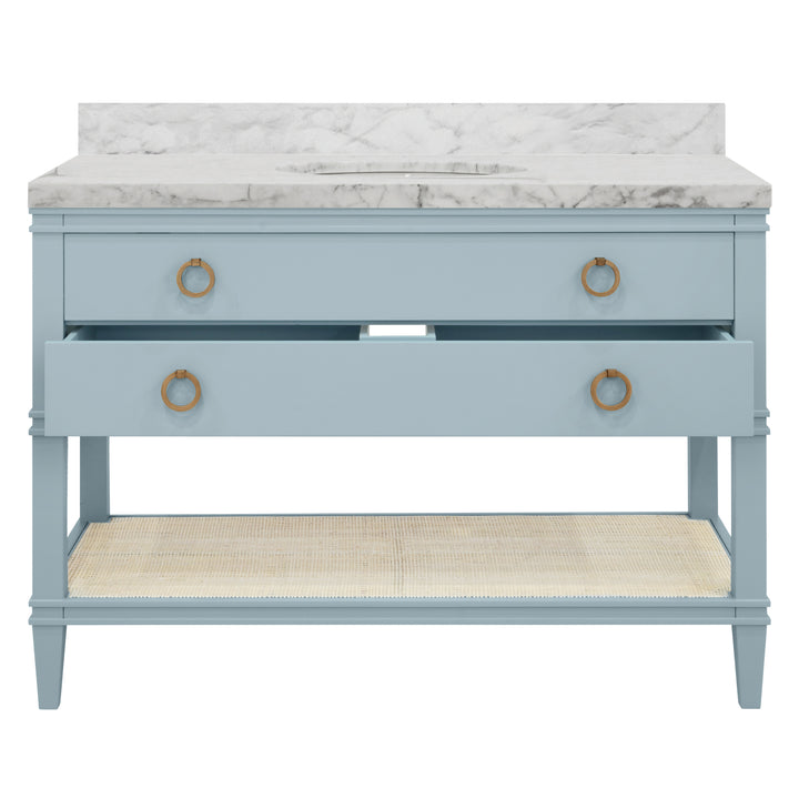 Bath Vanity In Matte Light Blue Lacquer With Open Cane Shelf, White Marble Top, Porcelain Sink, And Antique Brass Ring Hardware, 48" Wide - CUTLER 48 LB